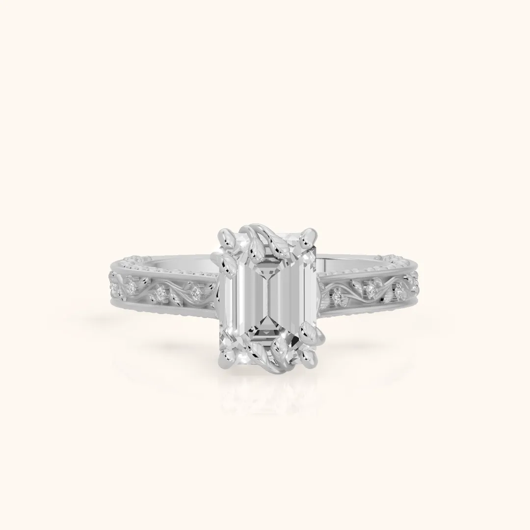 Laguna Vintage Vine Emerald Diamond Engagement Ring in White Gold — view 2