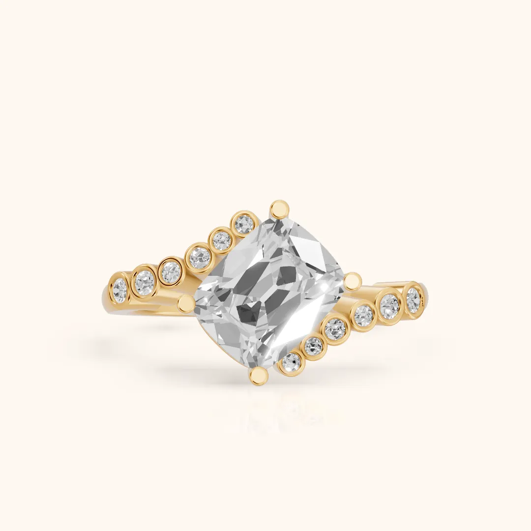 Chatham Bezel Bypass Old Mine Cushion Diamond Engagement Ring in Yellow Gold — view 2