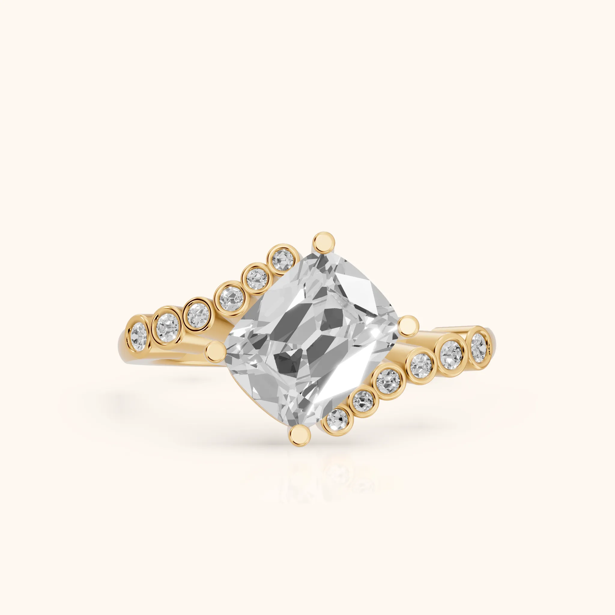Chatham Bezel Bypass Old Mine Cushion Diamond Engagement Ring in Yellow Gold — view 1