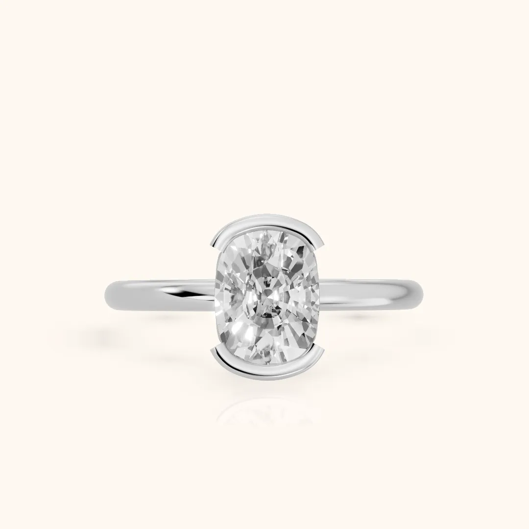 Bedford Half Bezel Solitaire Cushion Diamond Engagement Ring in Silver — view 2