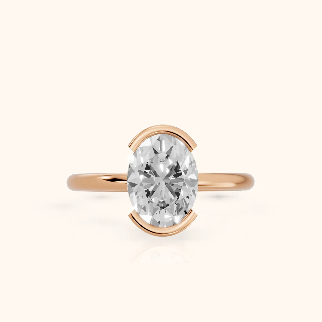 Bedford Half Bezel Solitaire Oval Diamond Engagement Ring in Rose Gold — view 2