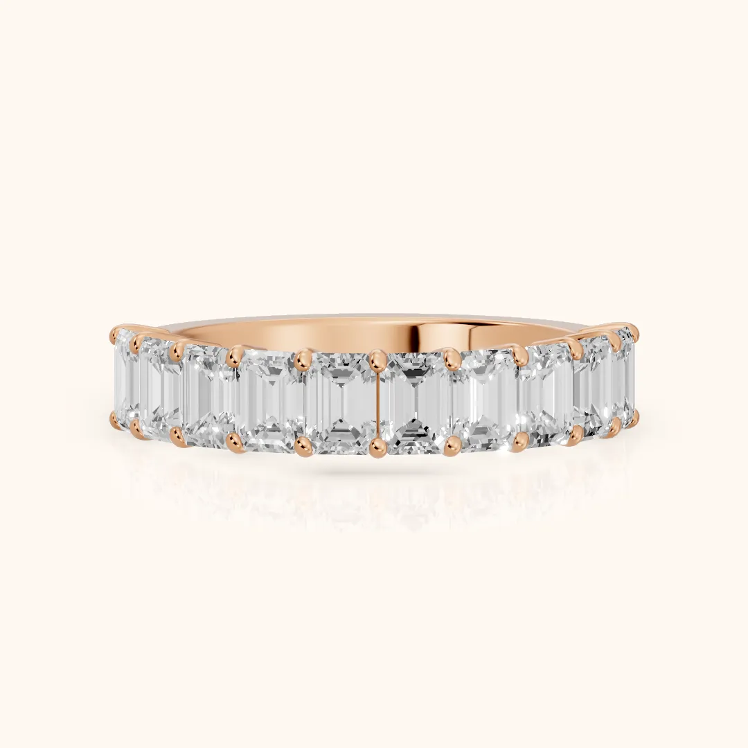 Nia Shared Prong Emerald Diamond Half Eternity Band in Rose Gold — view 2