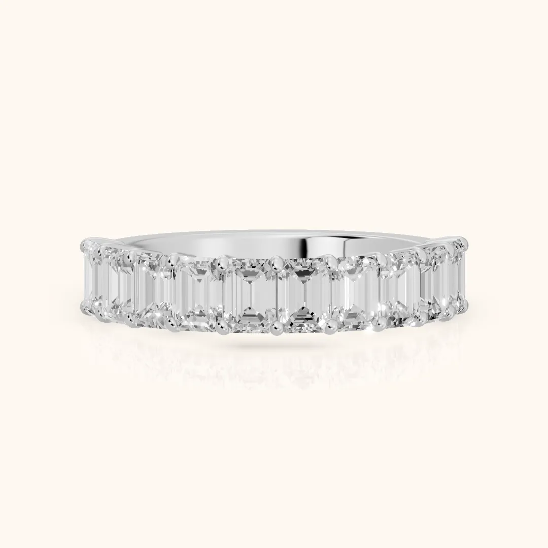 Nia Shared Prong Emerald Diamond Half Eternity Band in Silver — view 2