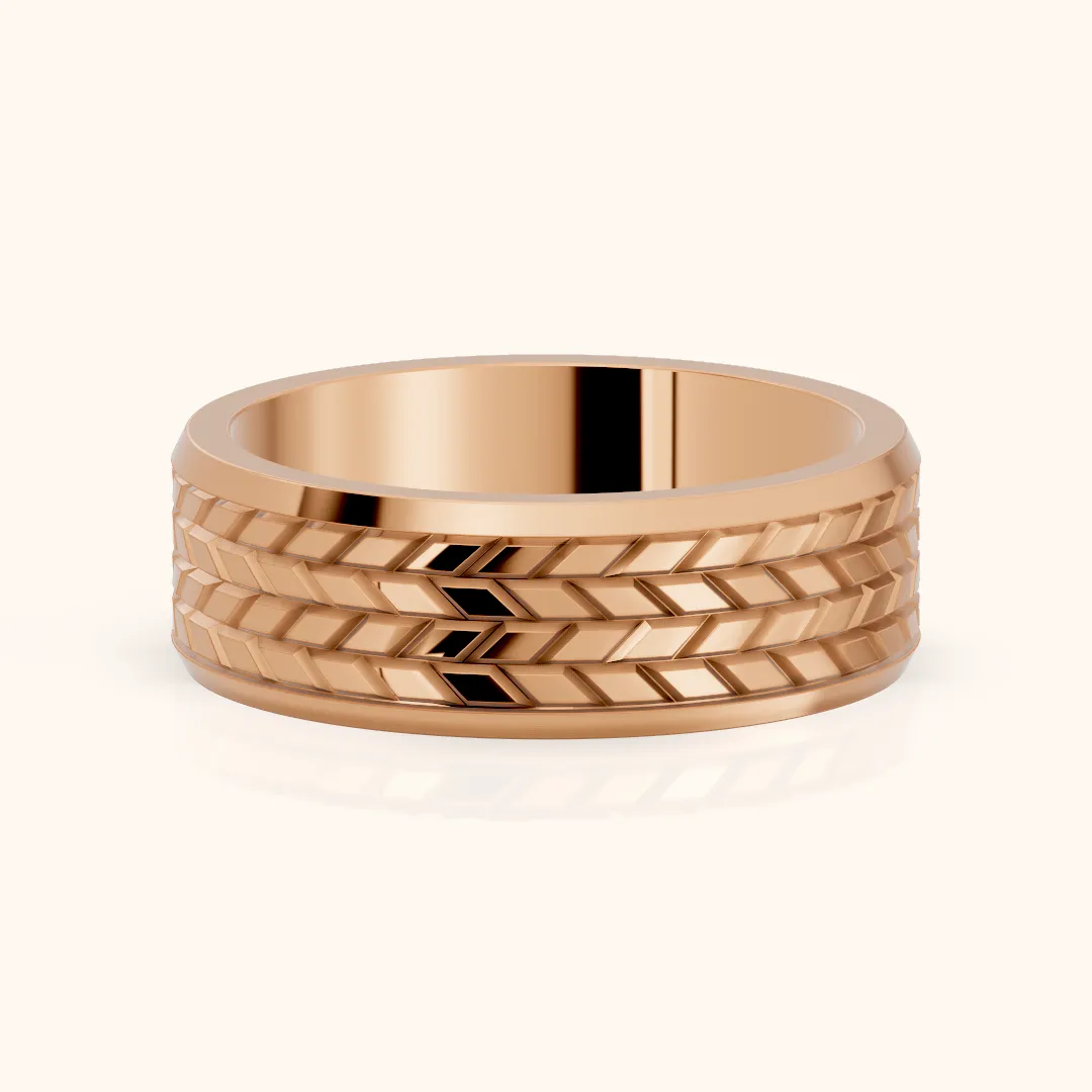 Yana Carved Step Edge Wedding Band in Rose Gold — view 2