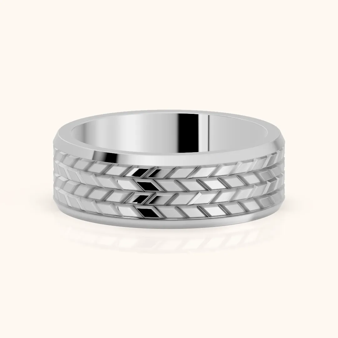 Yana Carved Step Edge Wedding Band in Silver — view 2