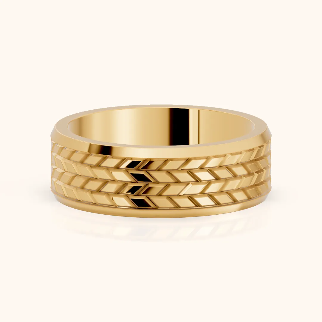 Yana Carved Step Edge Wedding Band in Yellow Gold — view 2