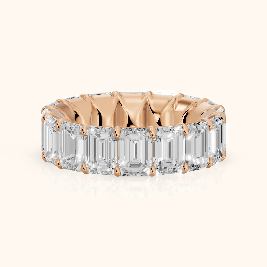 Zia Shared Prong Emerald Diamond Eternity Band in Rose Gold — view 2