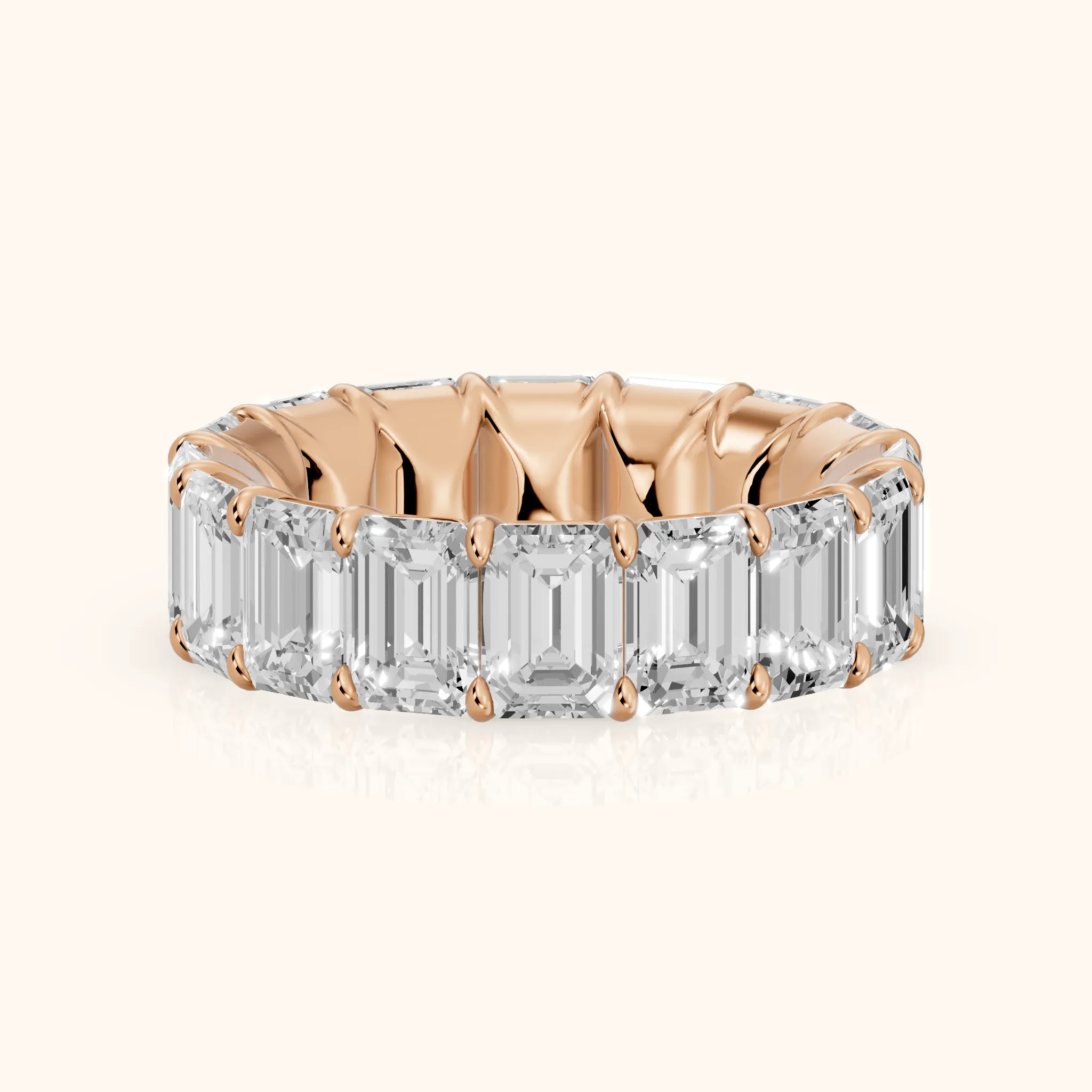 Zia Shared Prong Emerald Diamond Eternity Band in Rose Gold — view 1