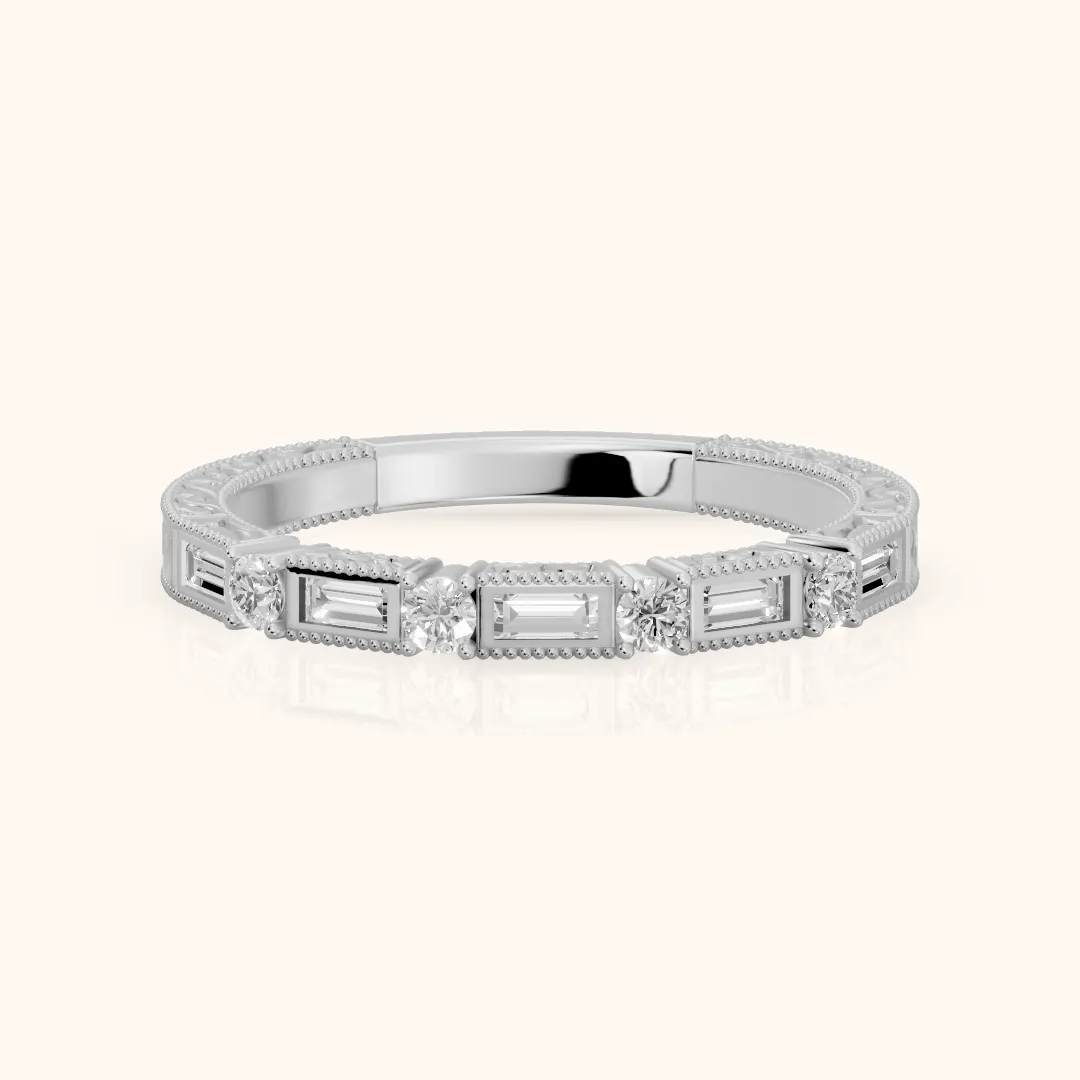 Kyla Milgrain Bezel Baguette & Round Diamond Half Eternity Band in Platinum — view 2