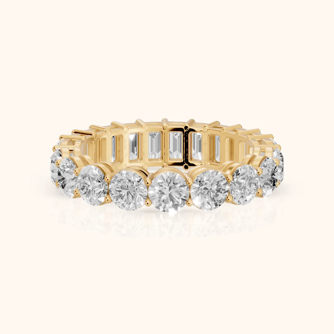 Malia Shared Prong Round & Emerald Diamond Eternity Band in Yellow Gold — view 2