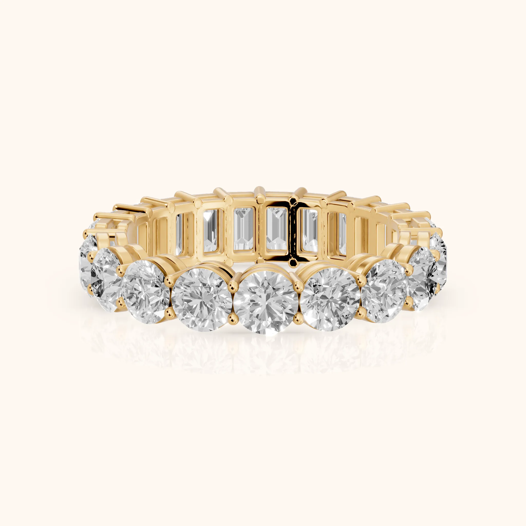 Malia Shared Prong Round & Emerald Diamond Eternity Band in Yellow Gold — view 1