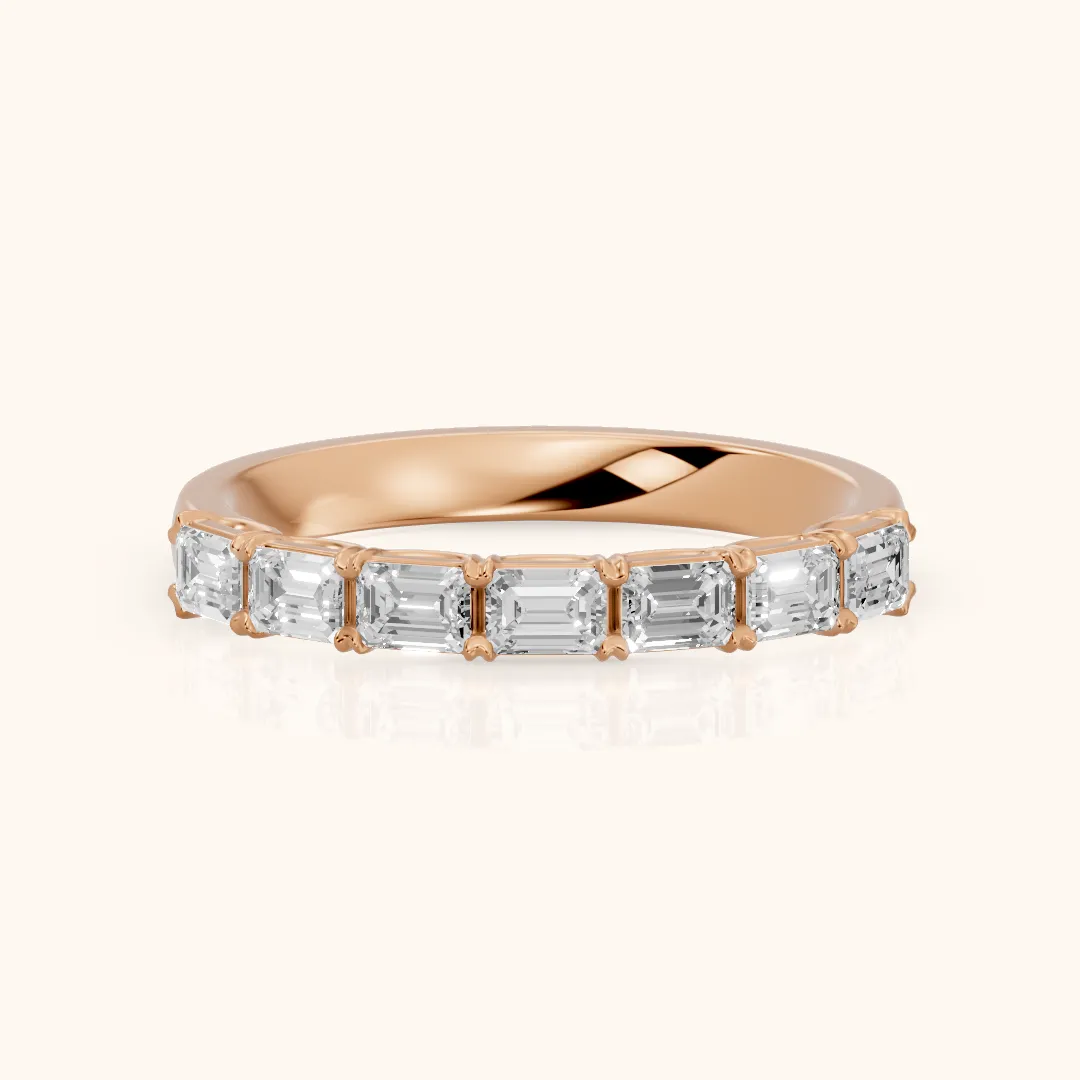 Margot Shared Prong Emerald Diamond Half Eternity Band in Rose Gold — view 2