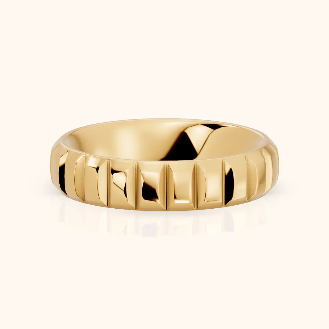 Odile Grooved Low Dome Wedding Band in Yellow Gold — view 2