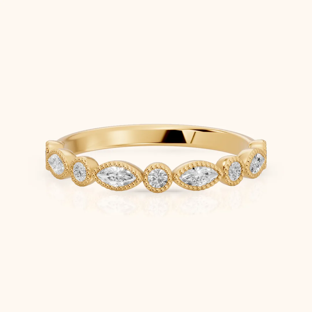 Celina Milgrain Bezel Marquise & Round Diamond Half Eternity Band in Yellow Gold — view 2