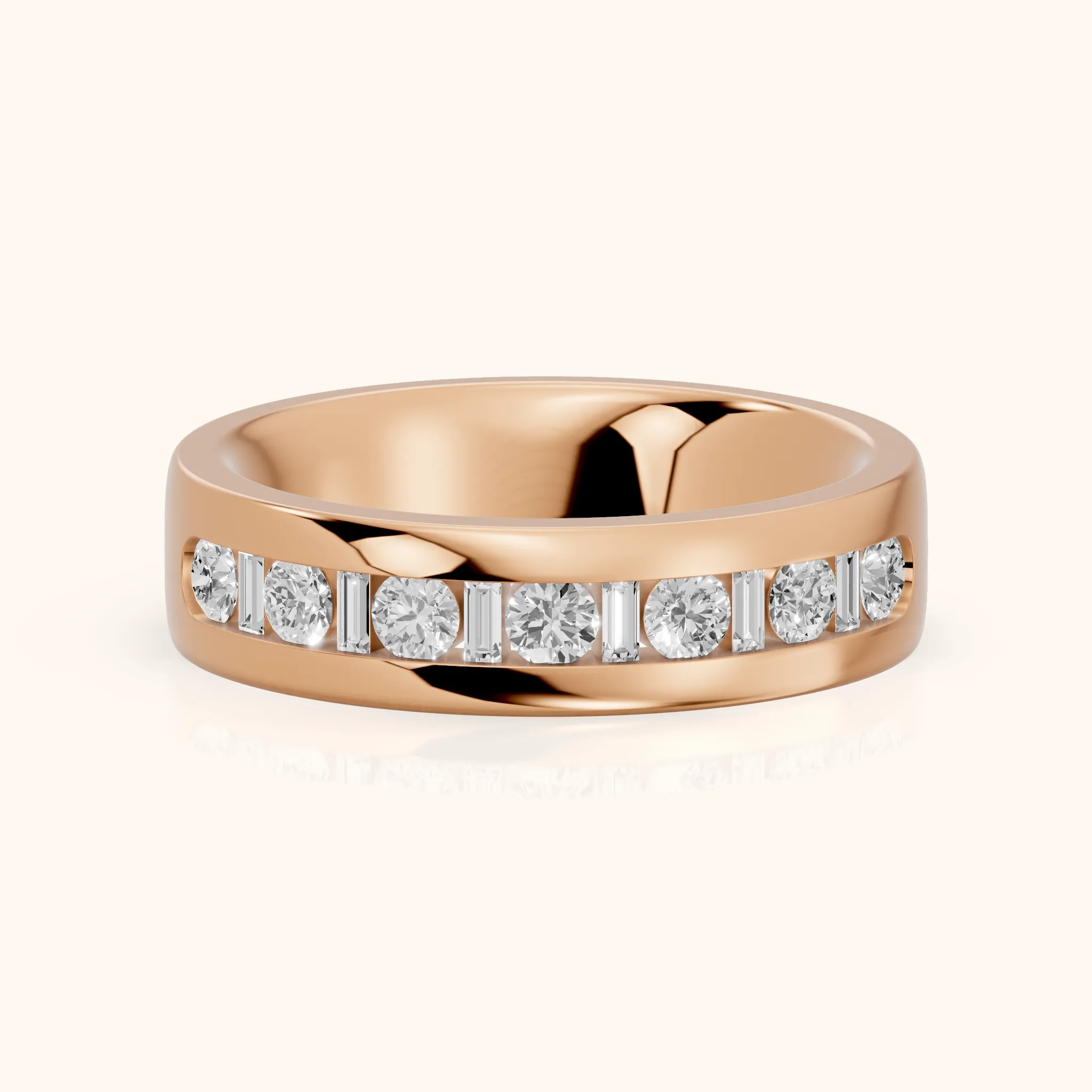 Lydia Channel Set Round & Baguette Diamond Half Eternity Band in Rose Gold — view 1
