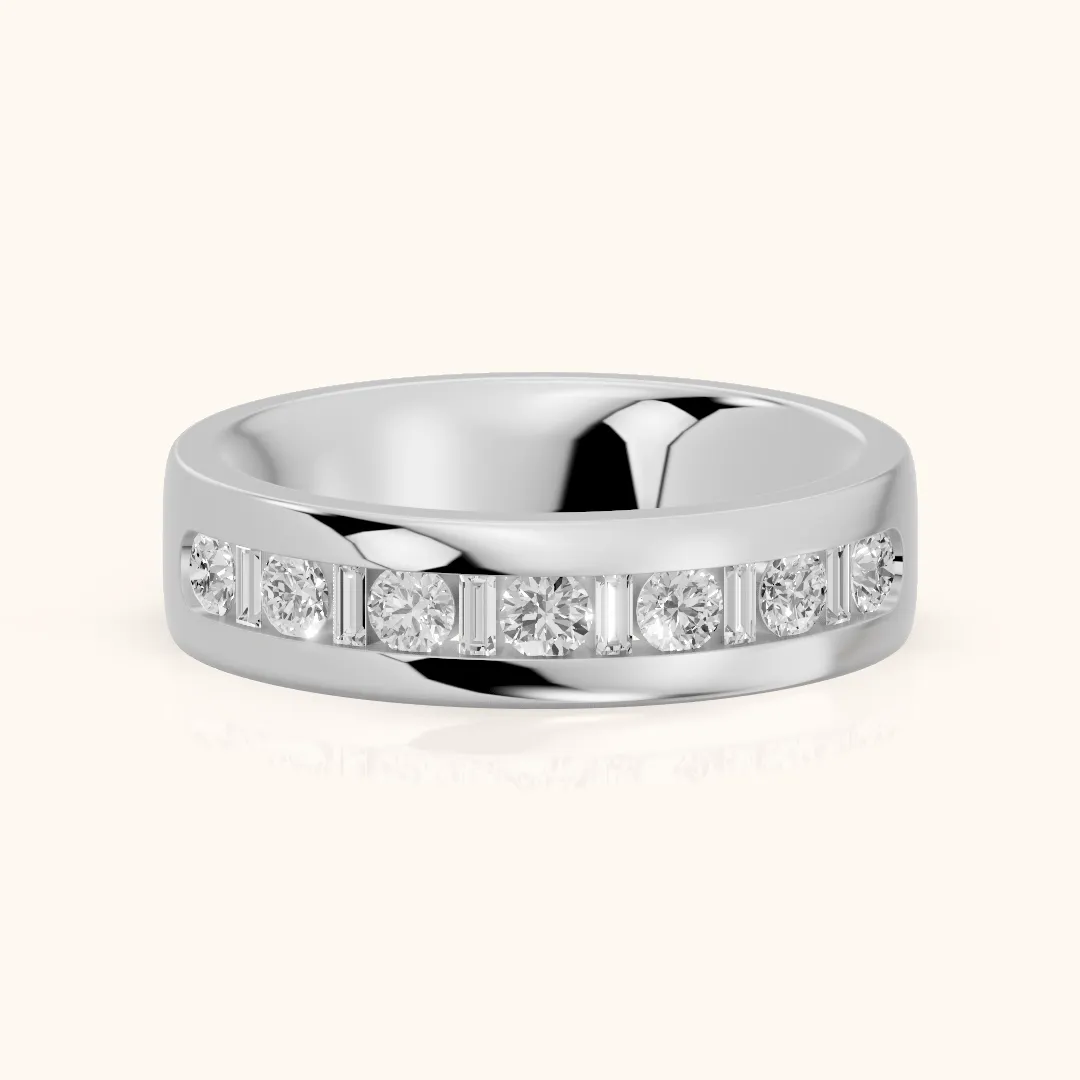Lydia Channel Set Round & Baguette Diamond Half Eternity Band in White Gold — view 2