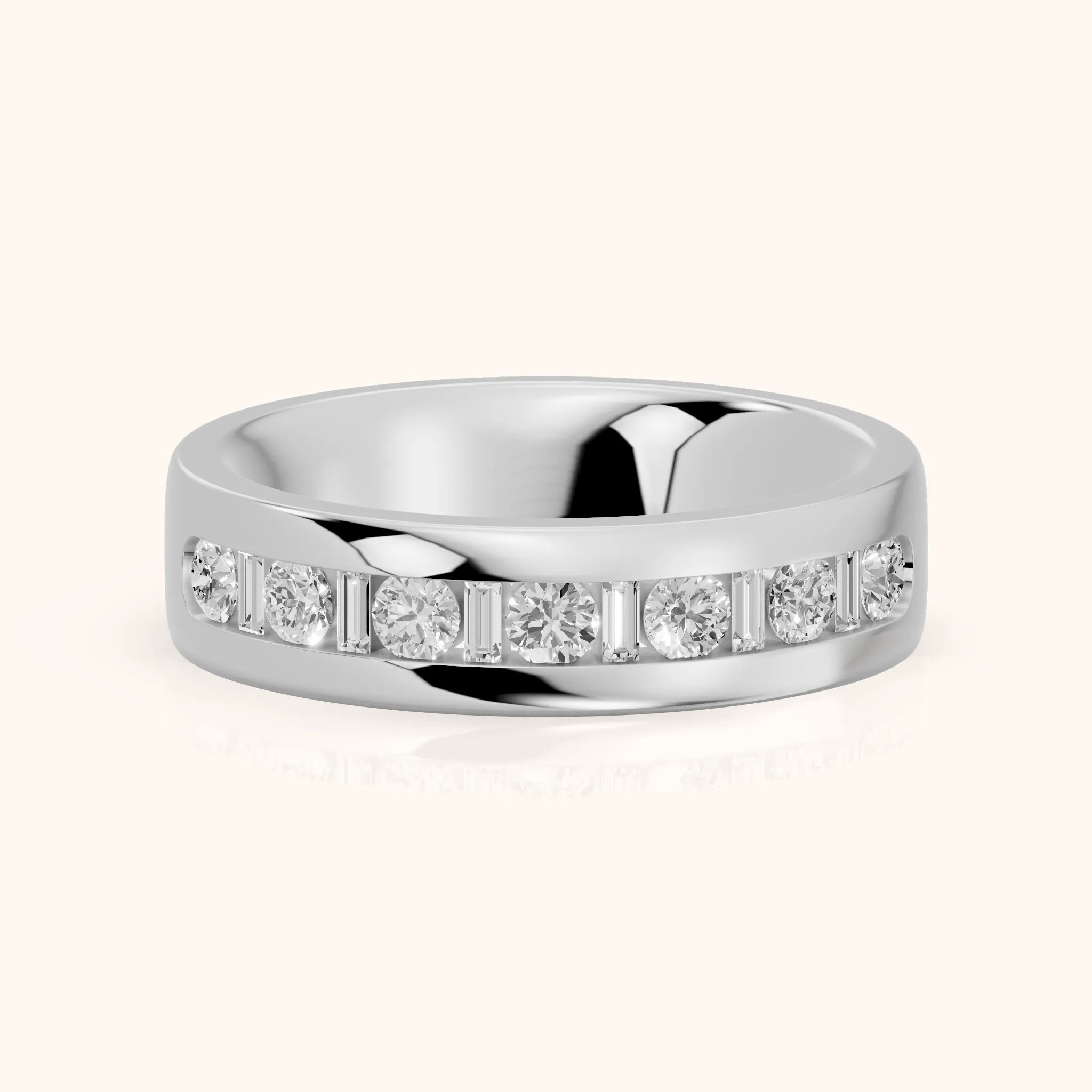 Lydia Channel Set Round & Baguette Diamond Half Eternity Band in White Gold — view 1