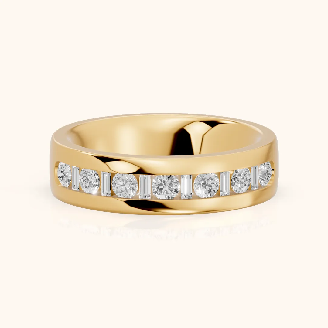 Lydia Channel Set Round & Baguette Diamond Half Eternity Band in Yellow Gold — view 2