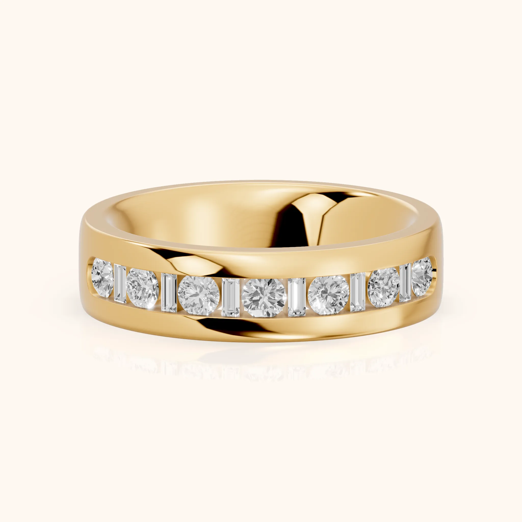 Lydia Channel Set Round & Baguette Diamond Half Eternity Band in Yellow Gold — view 1