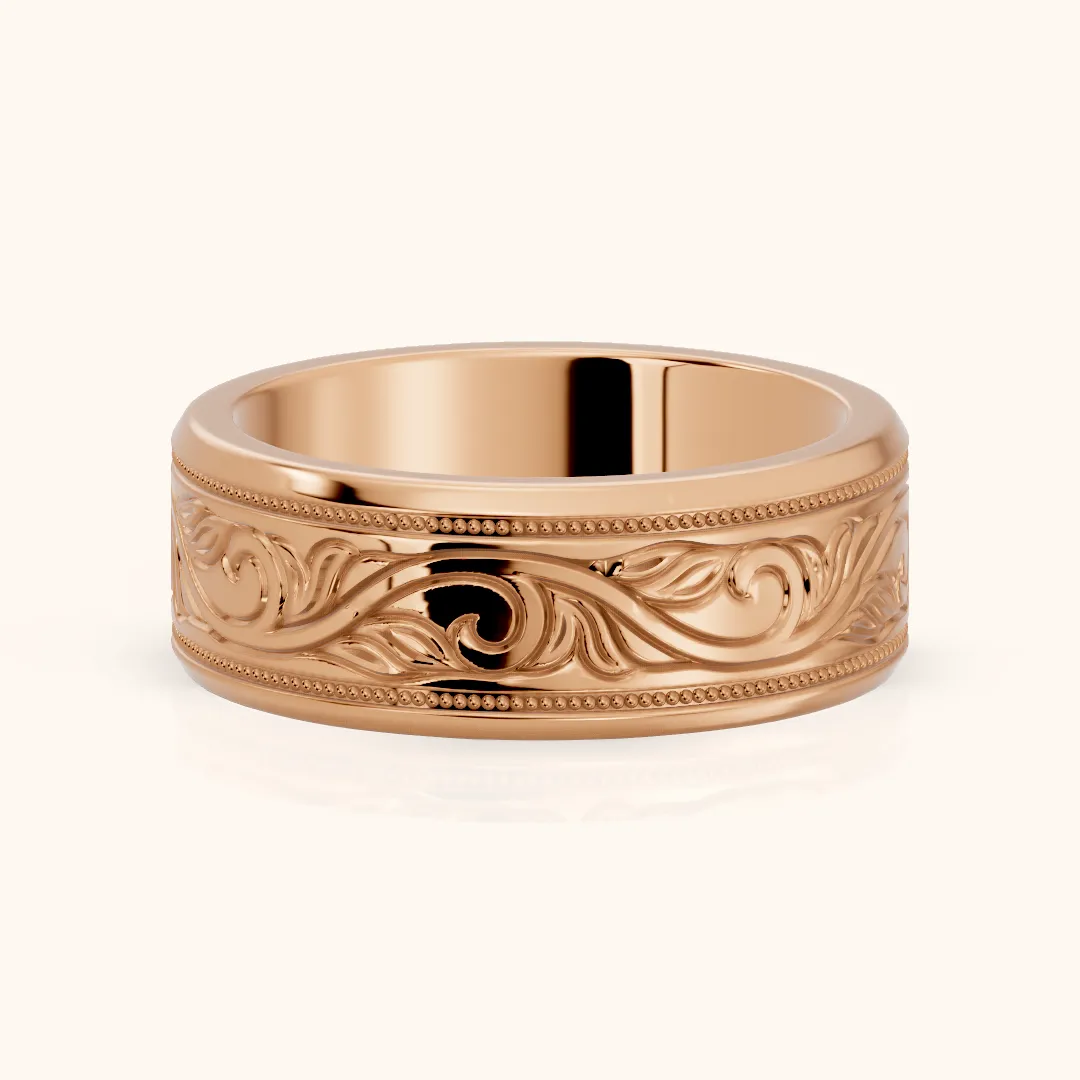 Navya Carved Milgrain Wedding Band in Rose Gold — view 2