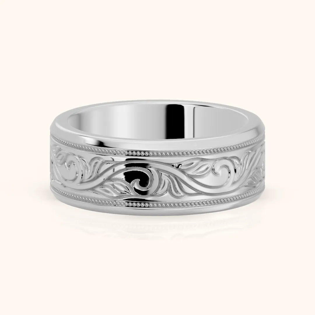 Navya Carved Milgrain Wedding Band in Silver — view 2