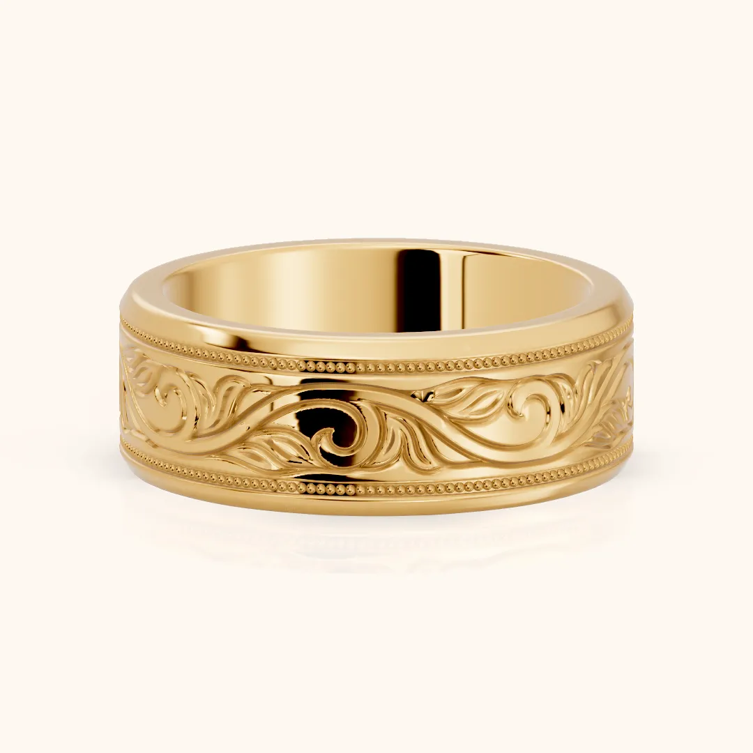 Navya Carved Milgrain Wedding Band in Yellow Gold — view 2