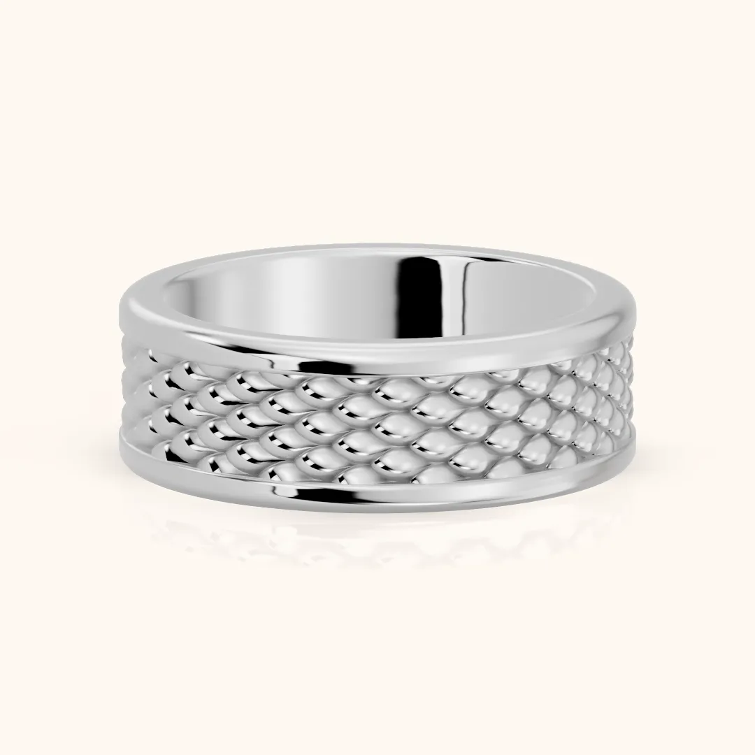 Nitya Carved Step Edge Wedding Band in Silver — view 2