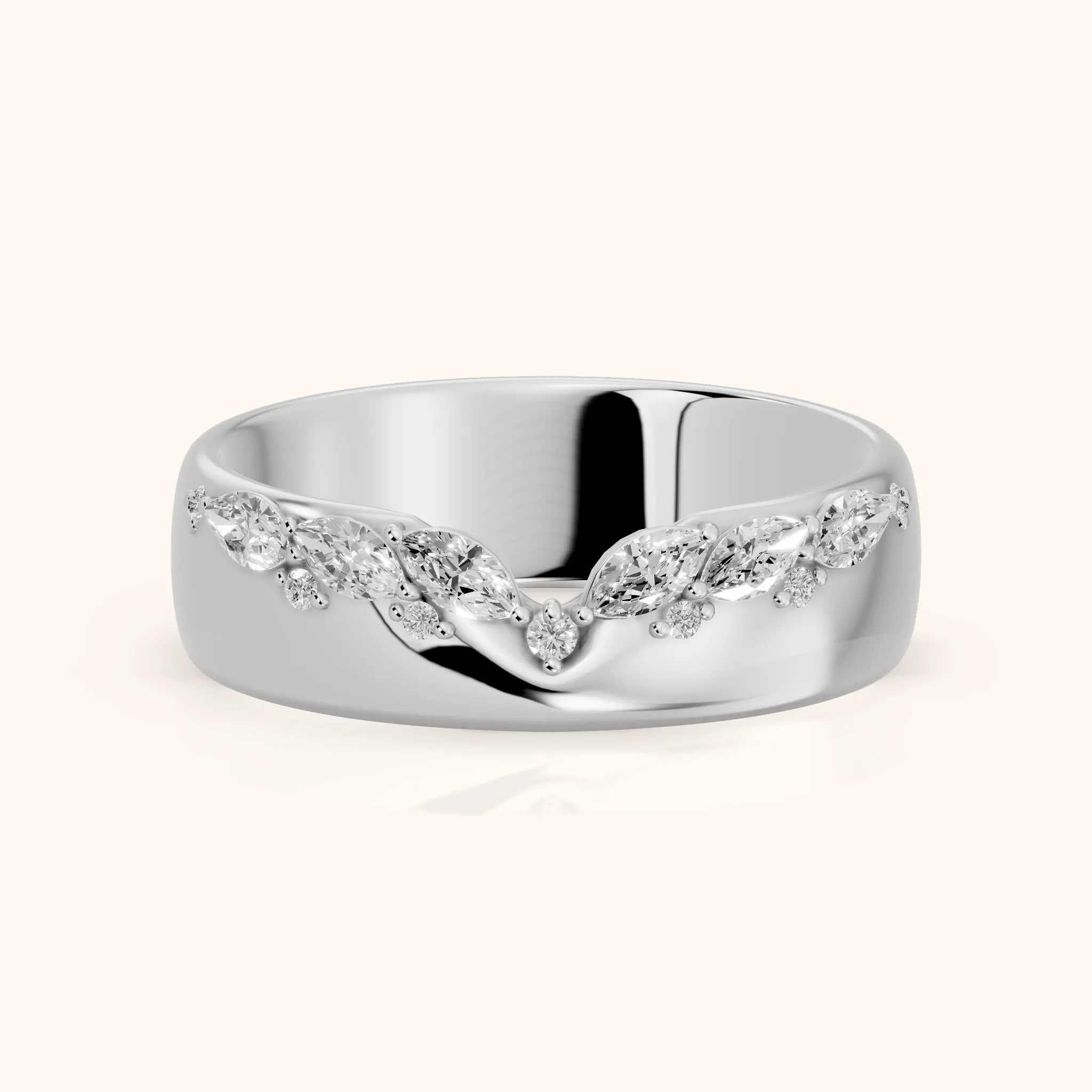 Ambika Dome Marquise & Round Diamond Wedding Band in Silver — view 1