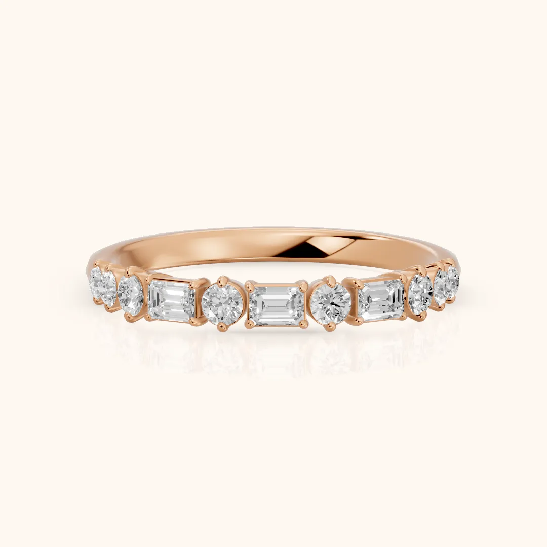 Rebecca Four Prong Emerald & Round Diamond Half Eternity Band in Rose Gold — view 2