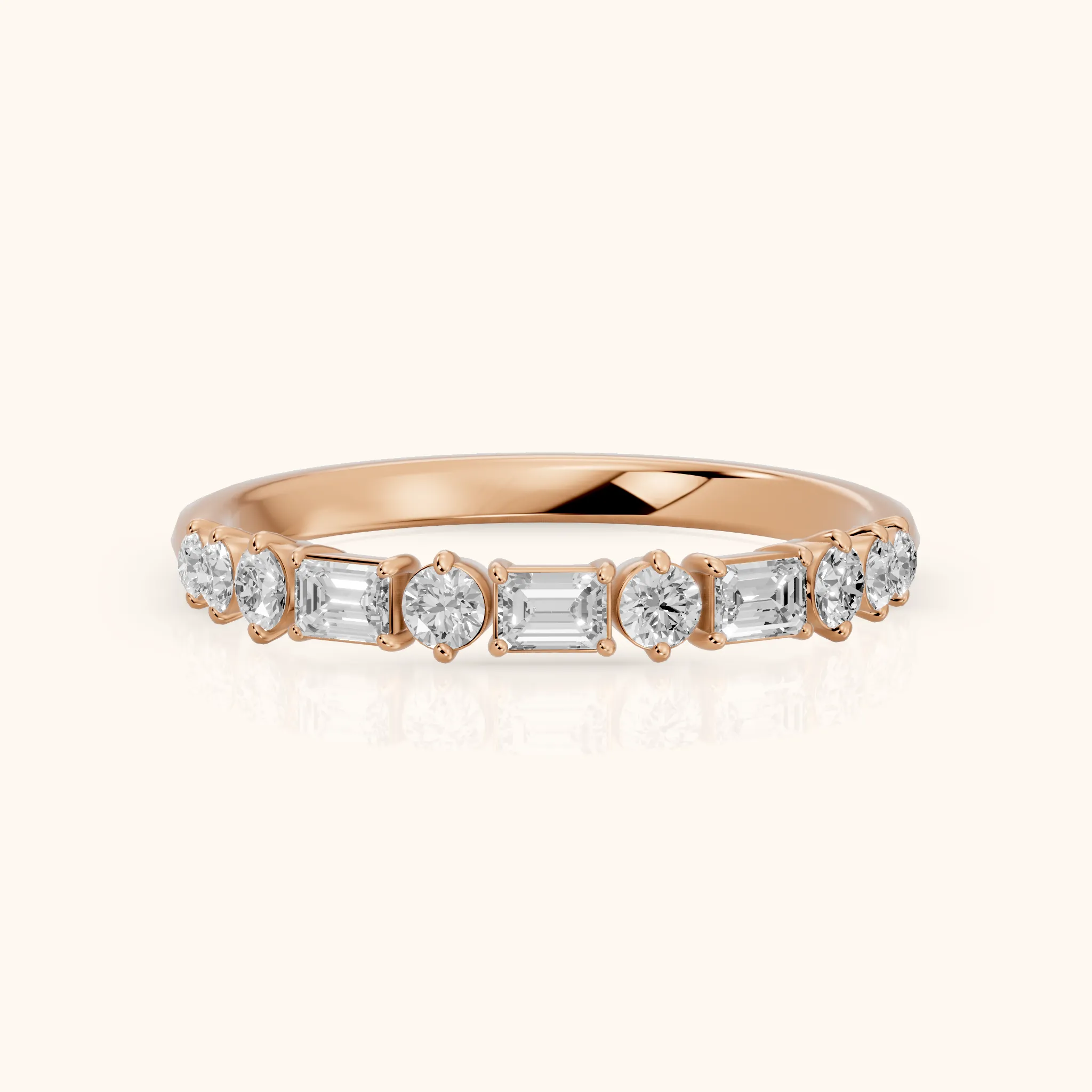 Rebecca Four Prong Emerald & Round Diamond Half Eternity Band in Rose Gold — view 1