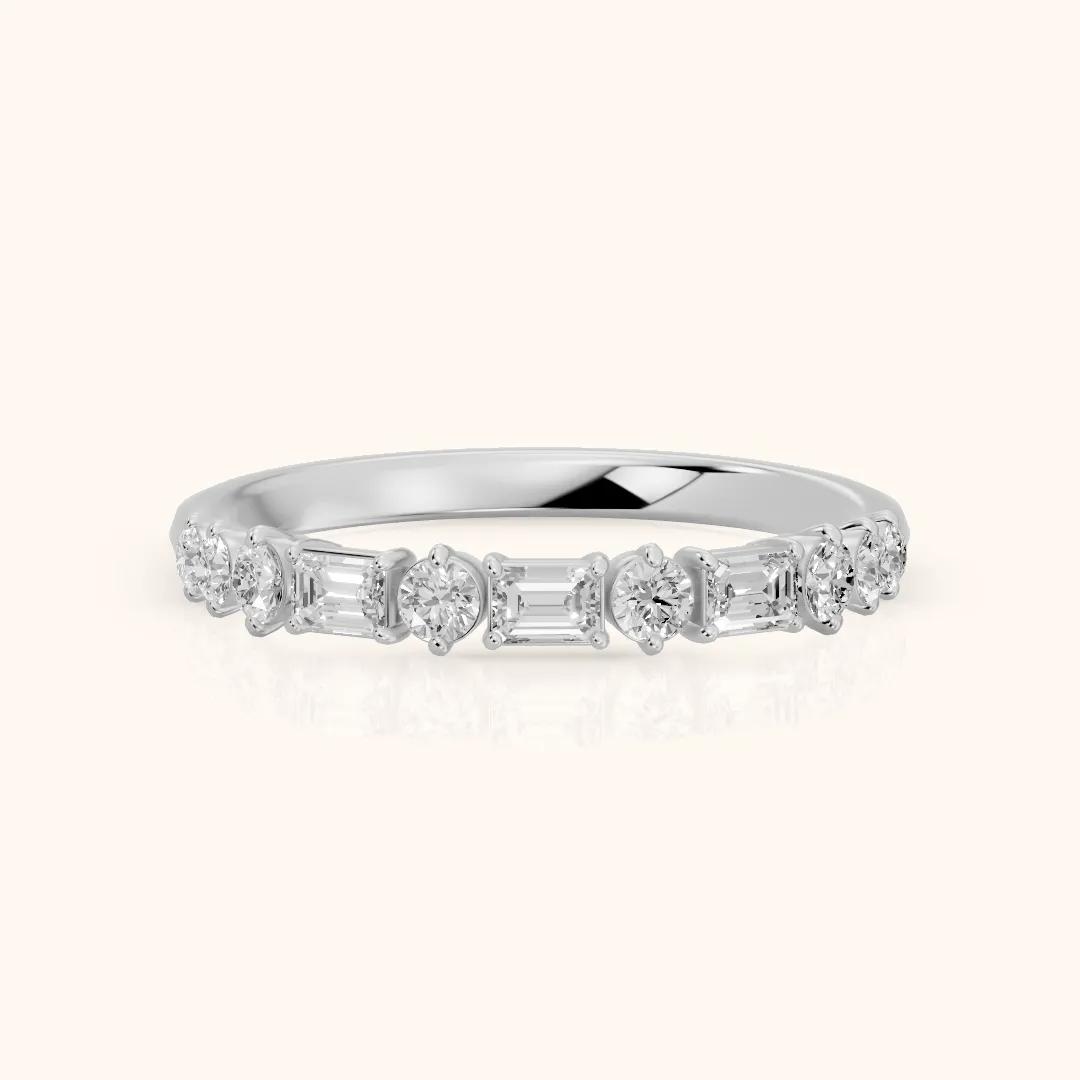Charu Four Prong Emerald & Round Diamond Half Eternity Band in Silver — view 2