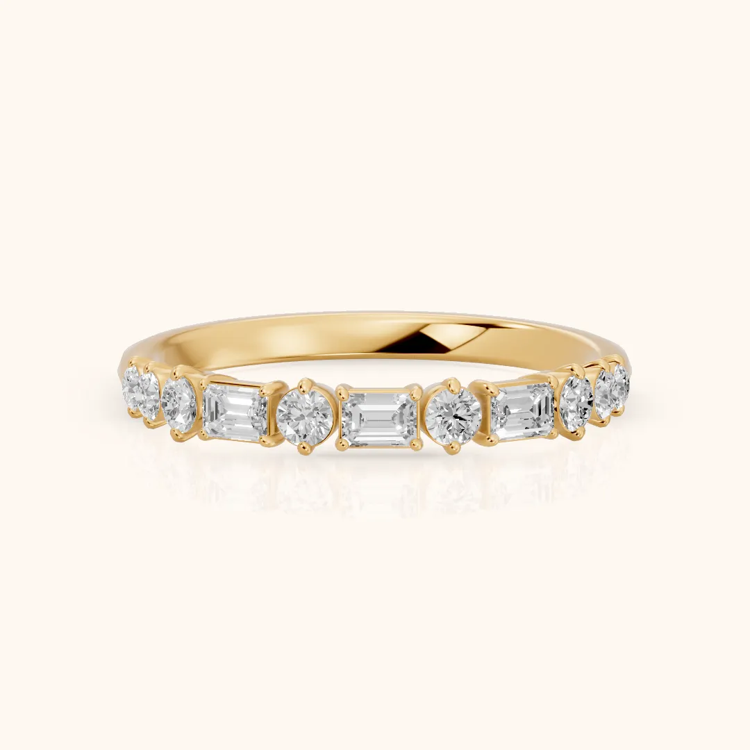 Charu Four Prong Emerald & Round Diamond Half Eternity Band in Yellow Gold — view 2